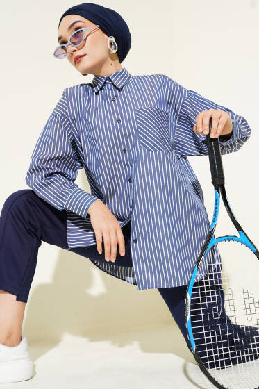 Salaş İnce Çizgili Gömlek Lacivert - Gömlek