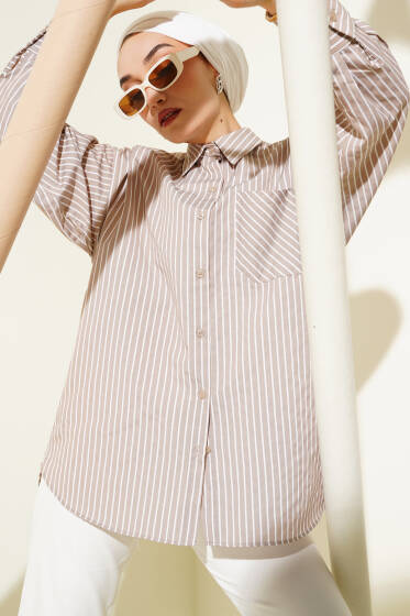 Salaş İnce Çizgili Gömlek Latte - Gömlek