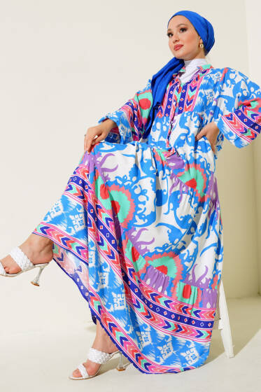 Salaş Karışık Desen Elbise İndigo - Elbise