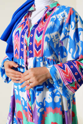 Salaş Karışık Desen Elbise İndigo - Tesettür Elbise