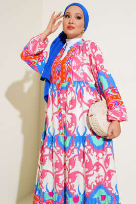 Salaş Karışık Desen Elbise Pudra - Tesettür Elbise