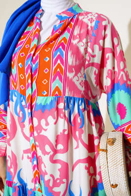 Salaş Karışık Desen Elbise Pudra - Tesettür Elbise