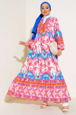 Salaş Karışık Desen Elbise Pudra - Tesettür Elbise