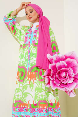 Salaş Karışık Desen Elbise Yeşil - Tesettür Elbise