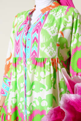 Salaş Karışık Desen Elbise Yeşil - Tesettür Elbise