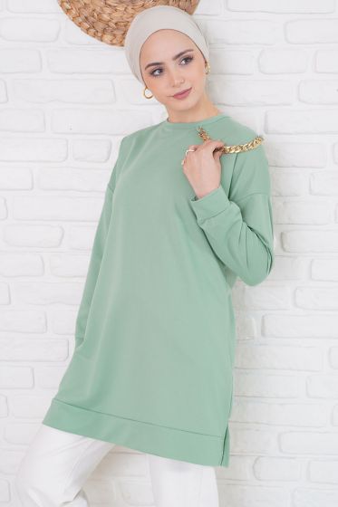 Salaş Kesim Gold Zincirli Çağla Yeşili Tunik - Kışlık Tunik
