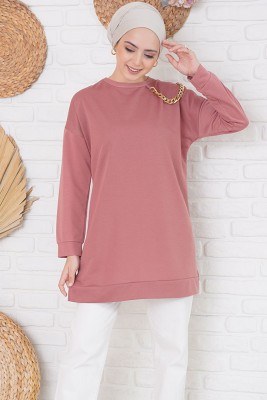 Salaş Kesim Gold Zincirli Gül Kurusu Tunik - Spor Tunik