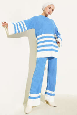 Salaş Kol Çizgili Triko İkili Takım Indıgo