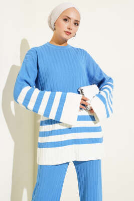 Salaş Kol Çizgili Triko İkili Takım Indıgo - Triko İkili Takım