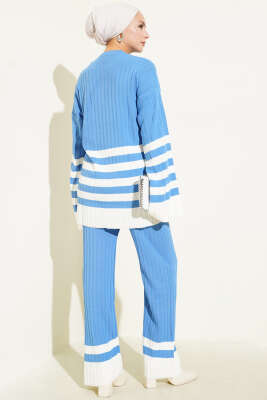 Salaş Kol Çizgili Triko İkili Takım Indıgo - Triko İkili Takım