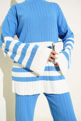 Salaş Kol Çizgili Triko İkili Takım Indıgo - Triko İkili Takım