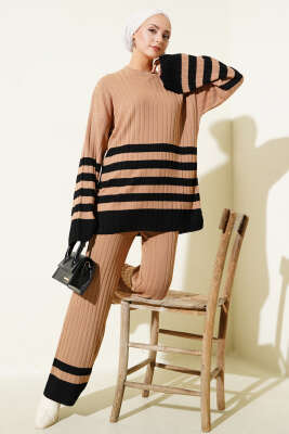 Salaş Kol Çizgili Triko İkili Takım Latte 