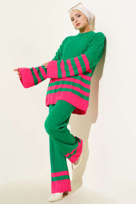 Salaş Kol Çizgili Triko İkili Takım Yeşil 