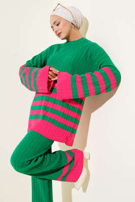 Salaş Kol Çizgili Triko İkili Takım Yeşil - Triko İkili Takım