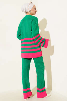 Salaş Kol Çizgili Triko İkili Takım Yeşil - Triko İkili Takım