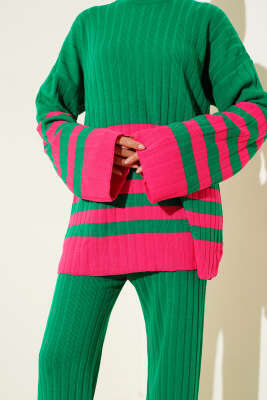 Salaş Kol Çizgili Triko İkili Takım Yeşil - Triko İkili Takım