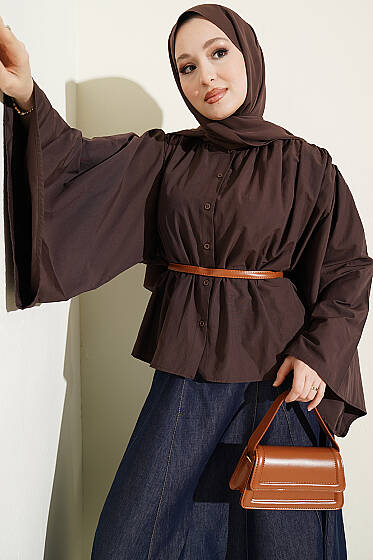 Salaş Kollu Oversize Kısa Gömlek Kahve - Gömlek