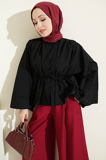 Salaş Kollu Oversize Kısa Gömlek Siyah - Gömlek