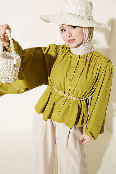 Salaş Kollu Oversize Kısa Gömlek Yağ Yeşili - Gömlek