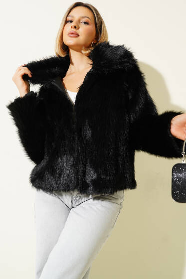 Salaş Kürk Detaylı Mont Siyah - Kadın Giyim Modelleri