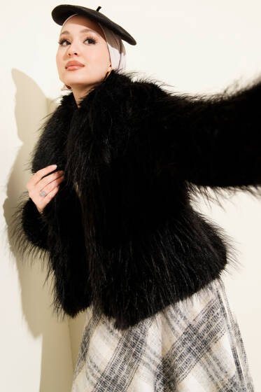 Salaş Kürk Detaylı Mont Siyah - Mont