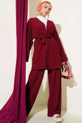 Salaş Kuşaklı Kimono İkili Takım Bordo 