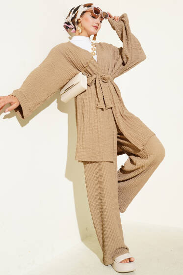Salaş Kuşaklı Kimono İkili Takım Camel - İkili Takım