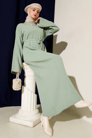 Salaş Kuşaklı Triko Elbise Çağla Yeşili - Elbise