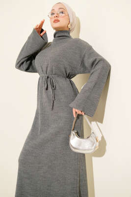 Salaş Kuşaklı Triko Elbise Gri - Elbise
