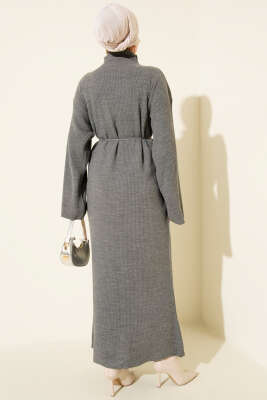 Salaş Kuşaklı Triko Elbise Gri - Elbise