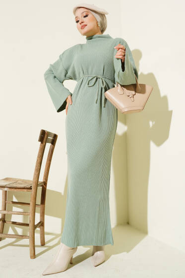 Salaş Kuşaklı Triko Elbise Mint - Elbise