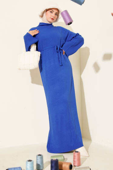 Salaş Kuşaklı Triko Elbise Saks - Elbise