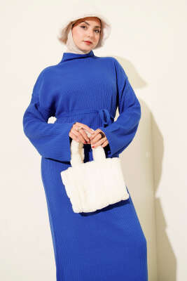 Salaş Kuşaklı Triko Elbise Saks - Elbise