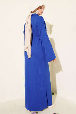 Salaş Kuşaklı Triko Elbise Saks - Elbise