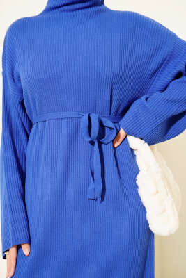 Salaş Kuşaklı Triko Elbise Saks - Elbise