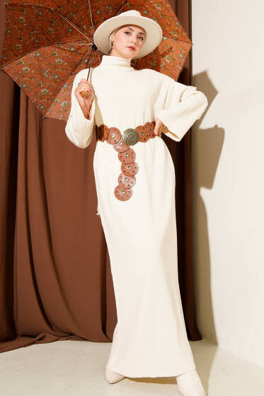 Salaş Kuşaklı Triko Elbise Taş - Elbise