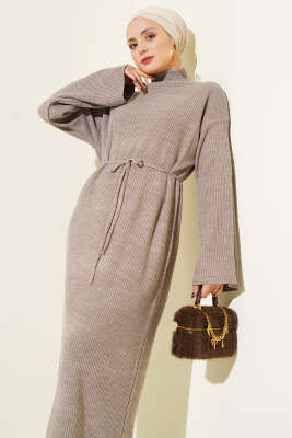 Salaş Kuşaklı Triko Elbise Vizon - Elbise