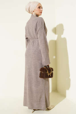 Salaş Kuşaklı Triko Elbise Vizon - Elbise