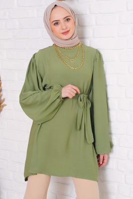 Salaş Model Beli Kuşaklı Çağla Yeşili Tunik - ECE MAĞAZACILIK