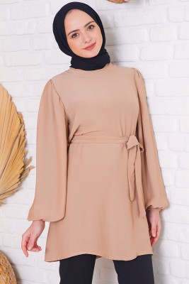Salaş Model Beli Kuşaklı Latte Tunik - ECE MAĞAZACILIK