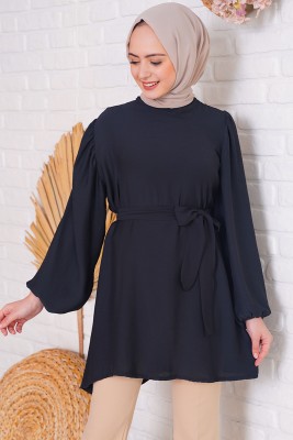 Salaş Model Beli Kuşaklı Siyah Tunik - ECE MAĞAZACILIK