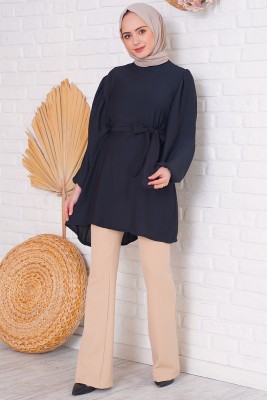 Salaş Model Beli Kuşaklı Siyah Tunik - Tunik
