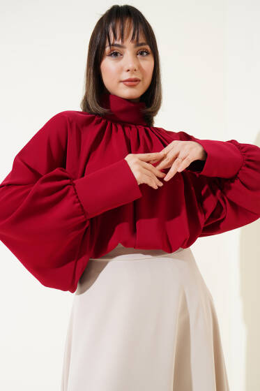 Salaş Model Boğazlı Saten Bordo Bluz - Bluz
