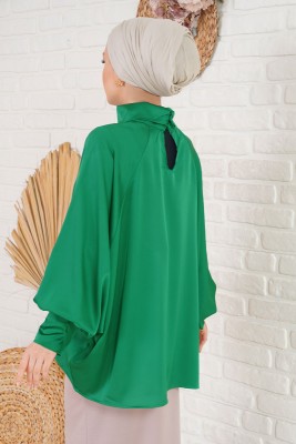 Salaş Model Boğazlı Saten Yeşil Bluz - Thumbnail