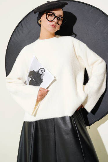 Salaş Sakallı Basic Triko Kazak Ekru - Triko Kazak