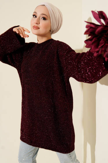 Salaş Simli Triko Tunik Bordo - Tunik