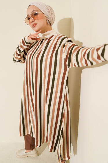 Salaş Uzun Çizgili Triko Tunik Bej - Tunik