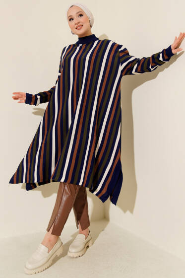 Salaş Uzun Çizgili Triko Tunik Lacivert - Tunik