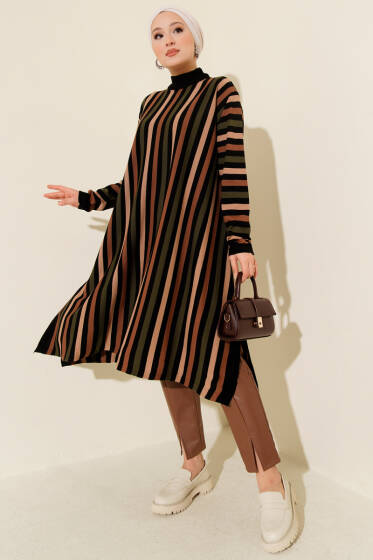 Salaş Uzun Çizgili Triko Tunik Siyah - Tunik