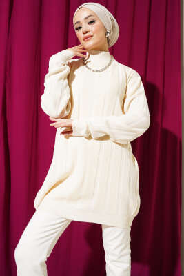 Salaş Yarım Balıkçı Triko Tunik Bej - Triko Tunik